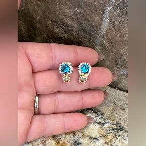Gold Blue Topaz CZ Stud Earrings